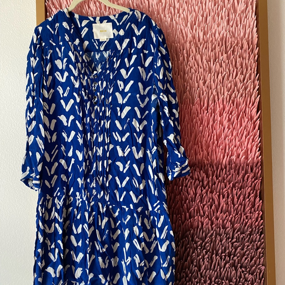 Anthropologie Maeve Caravane Blue printed drop-waist pleated Tunic Dress L